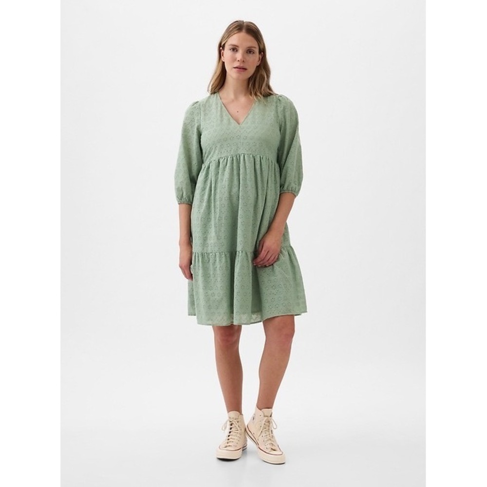 Gap Maternity Women Sage Green Eyelet Tiered V-Neck Mini Babydoll Dress S